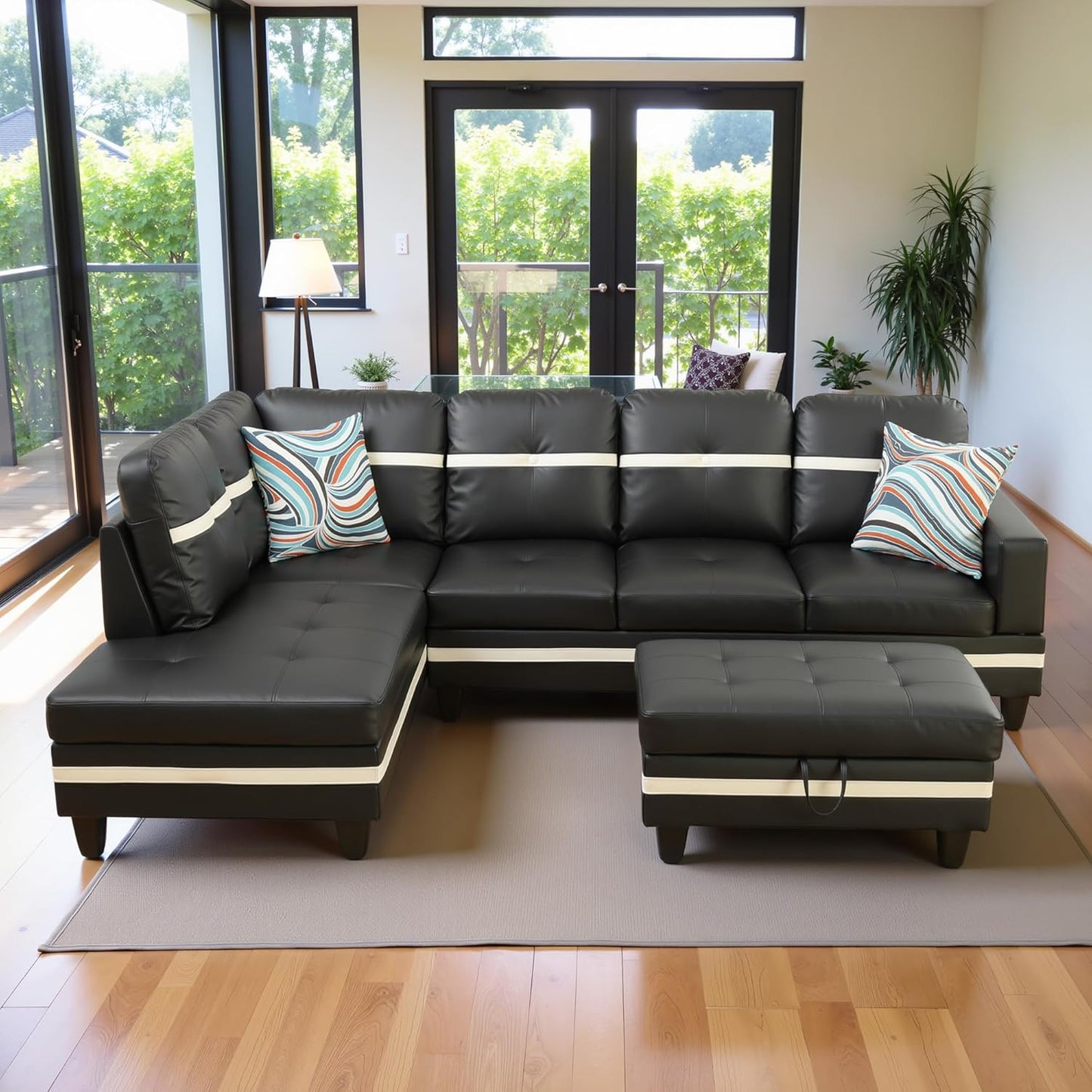 103.5" Oversized Sectional Couch, L Shaped Couch with Storage Ottoman, Modern Modular Sofa with Deep Seat, Sectional Couches for Living Room and Office, Black and White (PU Leather)