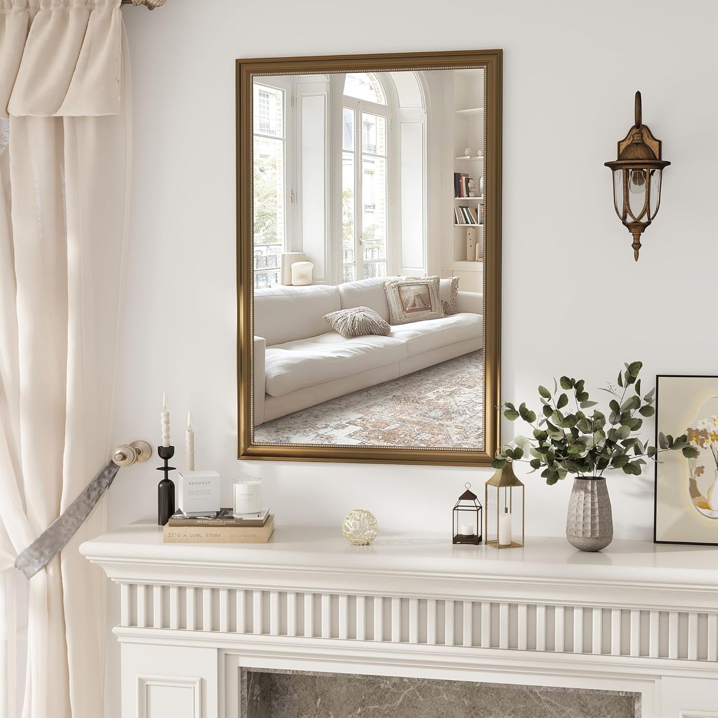 Axeman 32x48 Rectangular Wall Mirror, Decorative Bathroom Mirror, Traditional Vintage Wall Mounted Mirror with Beaded Frame for Accent Living Room Vanity Bedroom Entryway, Gold