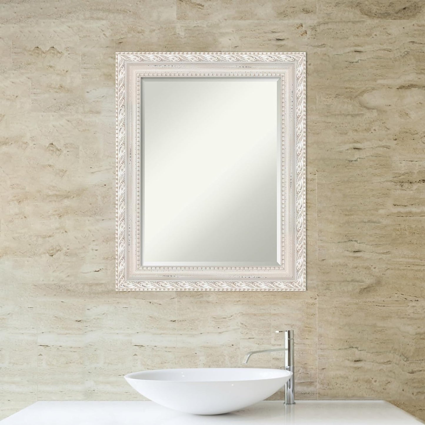 Amanti Art White Bathroom Mirror for Over Sink, 30x24 Opera Off White Rectangle Vanity Mirror, Medium Traditional Wood Frame, Hangs Horizonally and Vertically, Bathroom Wall Decor, Beveled Edge