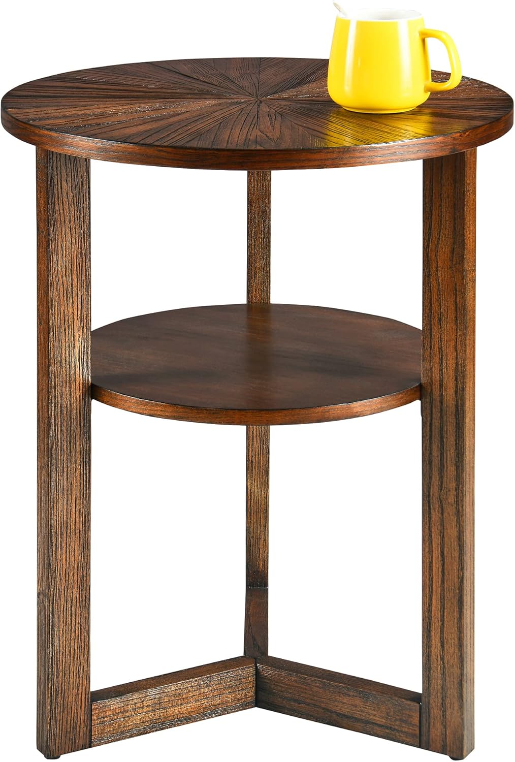 MODERION Round End Table, Rustic Side Table with Storage Shelf, Classic Circular Solid Wood Beside Table, 2-Tier Telephone Table, Nightstand, 24”H x 19.3”D for Living Room Vintage Brown BZ3338NC