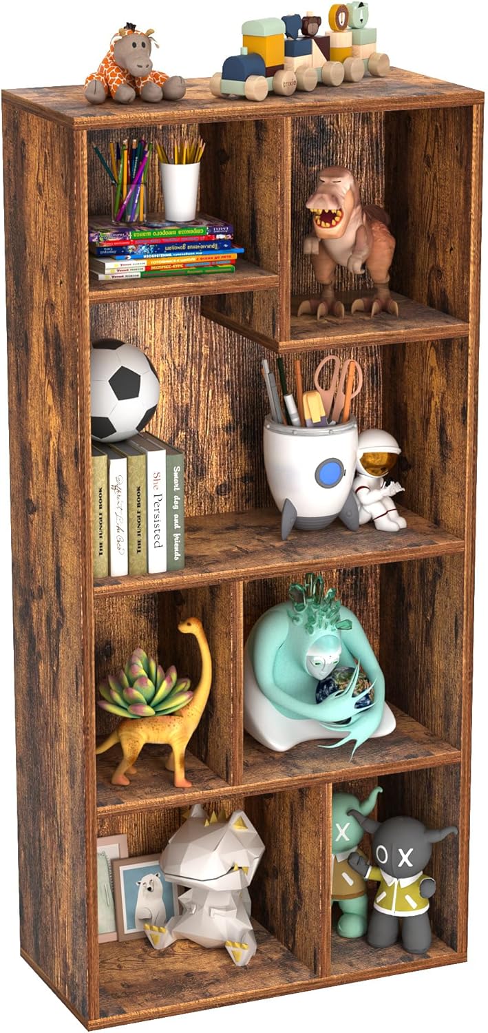 VECELO 42" Modern Bookshelf, 7 Cube Organizer Bookcase,Fits Tallest Hardcovers, Horizontal Available,Floor Standing Display,Easy Assembly, Vintage Brown