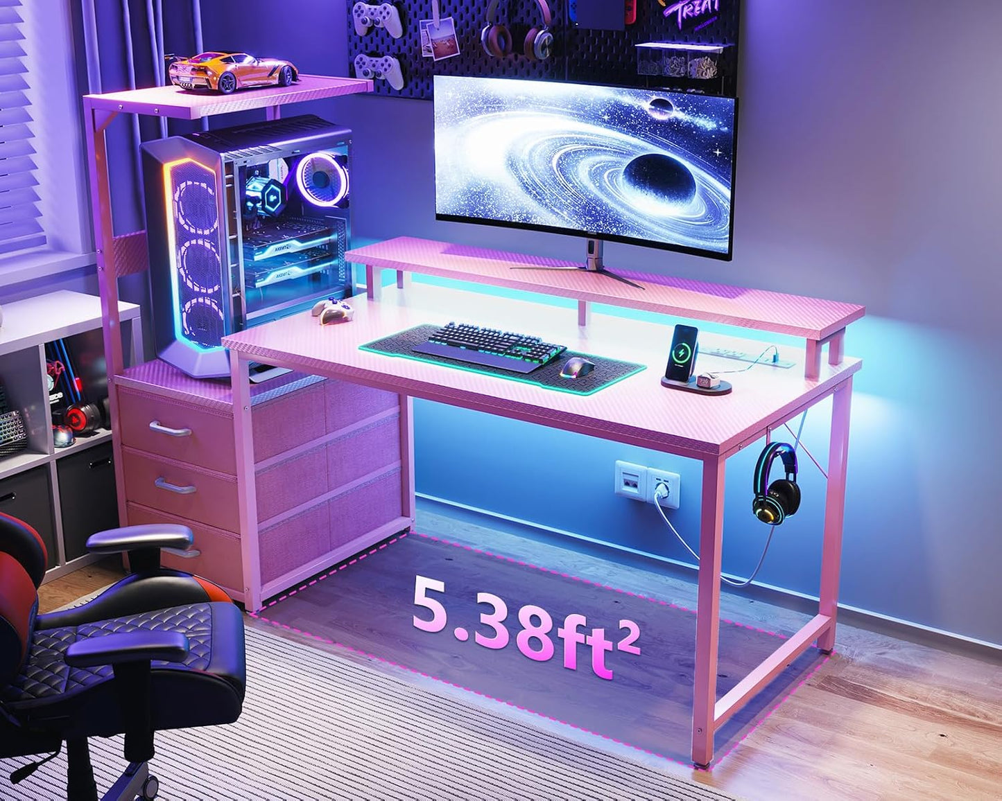 AODK 52 Inch Gaming Desk with USB Charging Ports & LED Light- Reversible Computer Desk with Storage Shelves & Monitor Stand, Modern Gamer Desk Table with Fabric Drawers & Side Hook, Carbon Fiber Pink