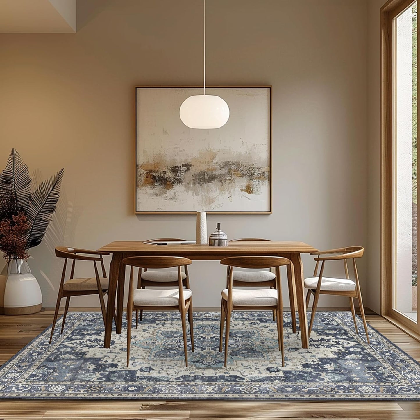 GENIMO 9x12 Area Rugs for Living Room, Machine Washable Non Slip Vintage Rugs, Low Pile Lightweight Chenille Print Rug for Bedroom, Dining Room, Home Office, Center Blue