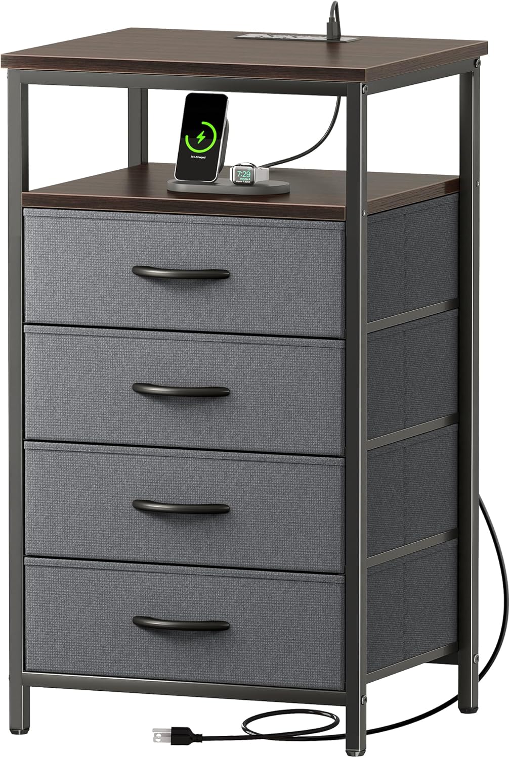 Huuger Night Stand with Charging Station, 4 Drawer Dresser for Bedroom, Bedside Table, 33.9 Inch Tall Nightstand with Open Shelf, End Table, for Closet, Entryway, Bedroom, Walnut