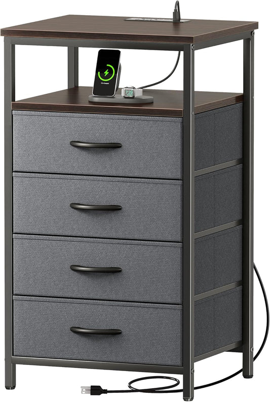 Huuger Night Stand with Charging Station, 4 Drawer Dresser for Bedroom, Bedside Table, 33.9 Inch Tall Nightstand with Open Shelf, End Table, for Closet, Entryway, Bedroom, Walnut