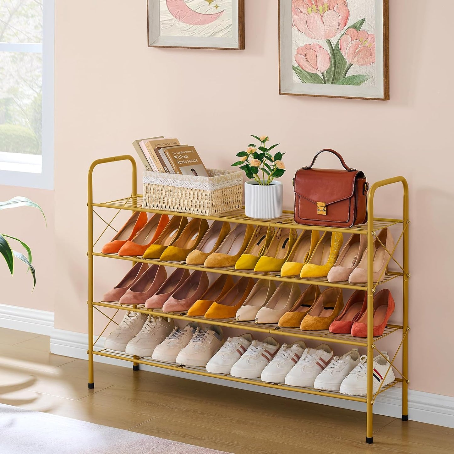 Hoctieon 4 Tier Mesh Style Shoe Rack, Entryway Shoe Shelf, Shoe Storage Organizer, Shoe Rack for Closet, Space Save for Bathroom, Garage, Hallway, Bedroom, Living Room, Gold