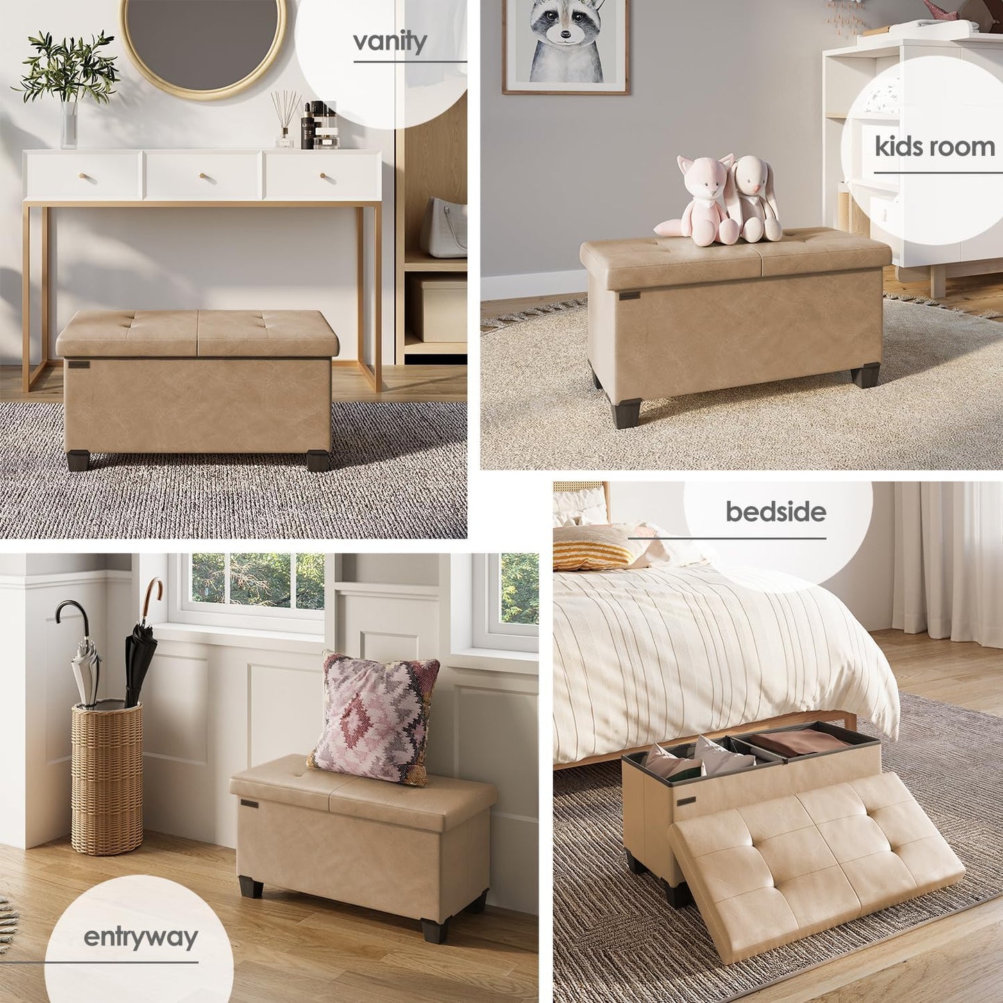 STORAGEBUD Storage Ottoman Bench with Bins, 30-in Storage Bench for Bedroom End of Bed, Folding Foot Rest Ottoman for Living Room Max 660lbs, Faux Leather Ottomans, Taupe