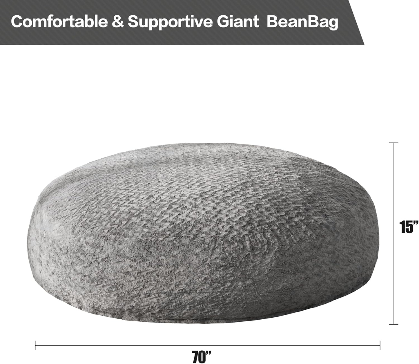 Hobestluk 6ft Bean Bag Chairs for Adults Large Beanbag Chair with Chevron Plush Fur Cover Big Bean Bag Chair for Living Room Bedroom Dorm Office - Grey (70" x 70" x 15")