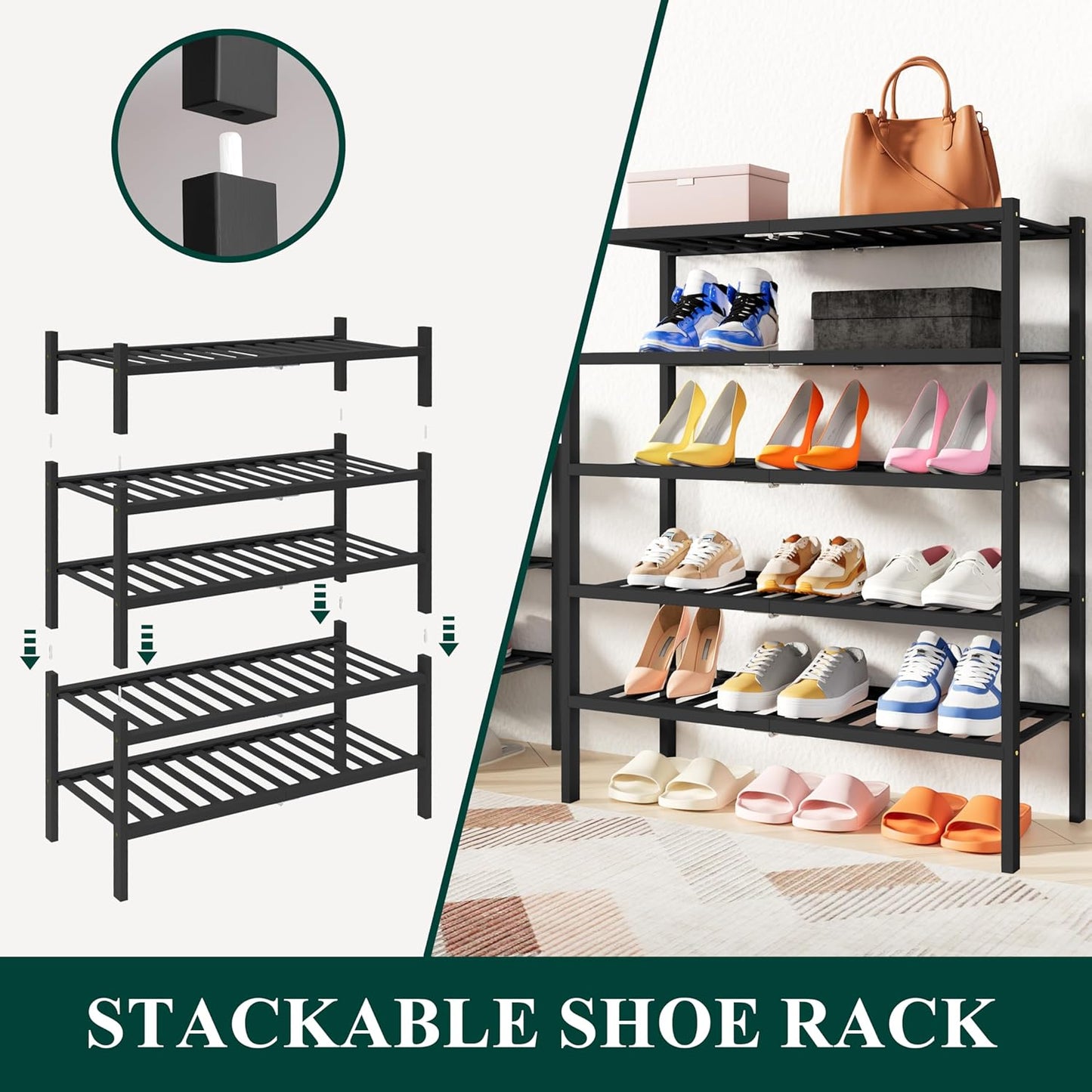 Smiry Shoe Rack, 4 Tier Thick Bamboo Shoe Organizer, Stackable Free Standing Wooden Shoe Storage Shelf for Closet, Entryway, Front Door Entrance, Black