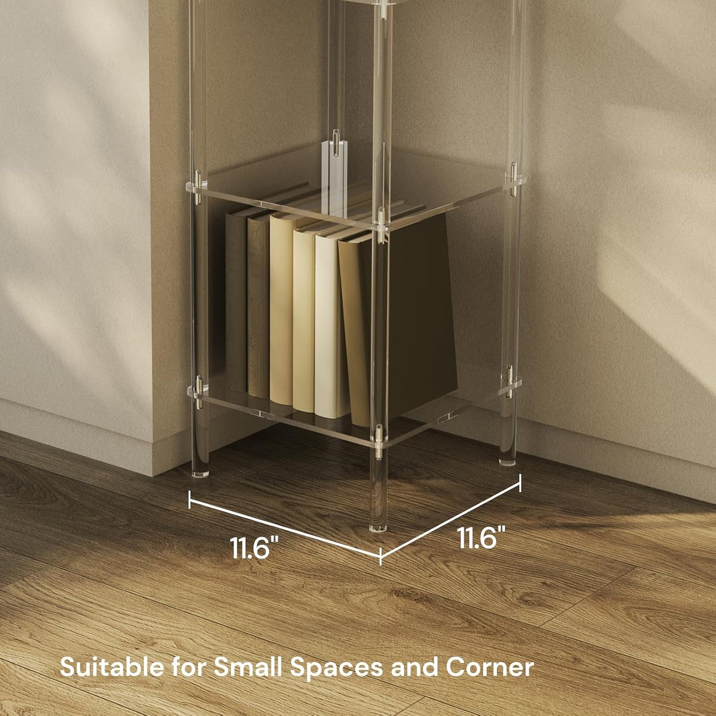 6 Tier Square Acrylic Bookshelf, Small Bookcase with Acrylic Fittings for Fixing to Wall, Corner Display Shelf for Living Room, Bedroom, Bathroom, Small Spaces, Clear, 11.6'' W x 53.9'' H