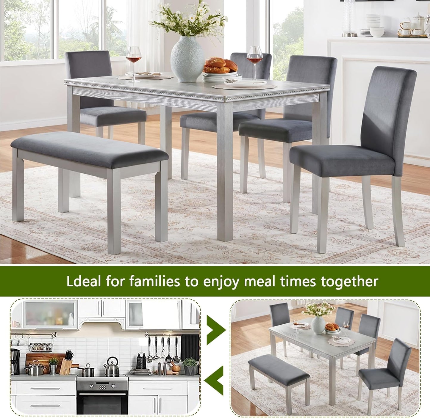 soges 6 Piece Wooden Dining Table Set, Wooden Dining Table with 4 Upholstered Chairs and Bench for 6 People, Rectangular Dining Table Set with Crystal Decoration for Kitchen, Dining Room, Silver Grey