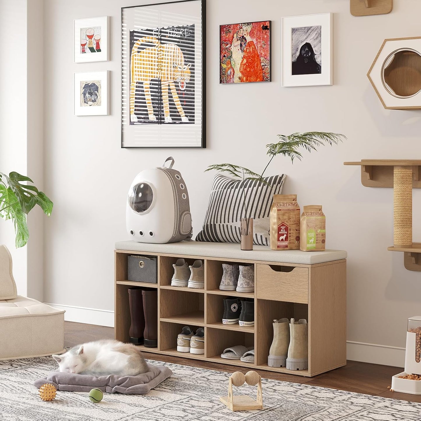 DINZI LVJ Shoe Storage Bench with Cushion, 11- Cubby Entryway Bench with Drawer and Adjustable Shelves, 40.9" Long Cubby Shoe Rack for Living Room, Bedroom, Mudroom, Natural and Cappuccino Beige