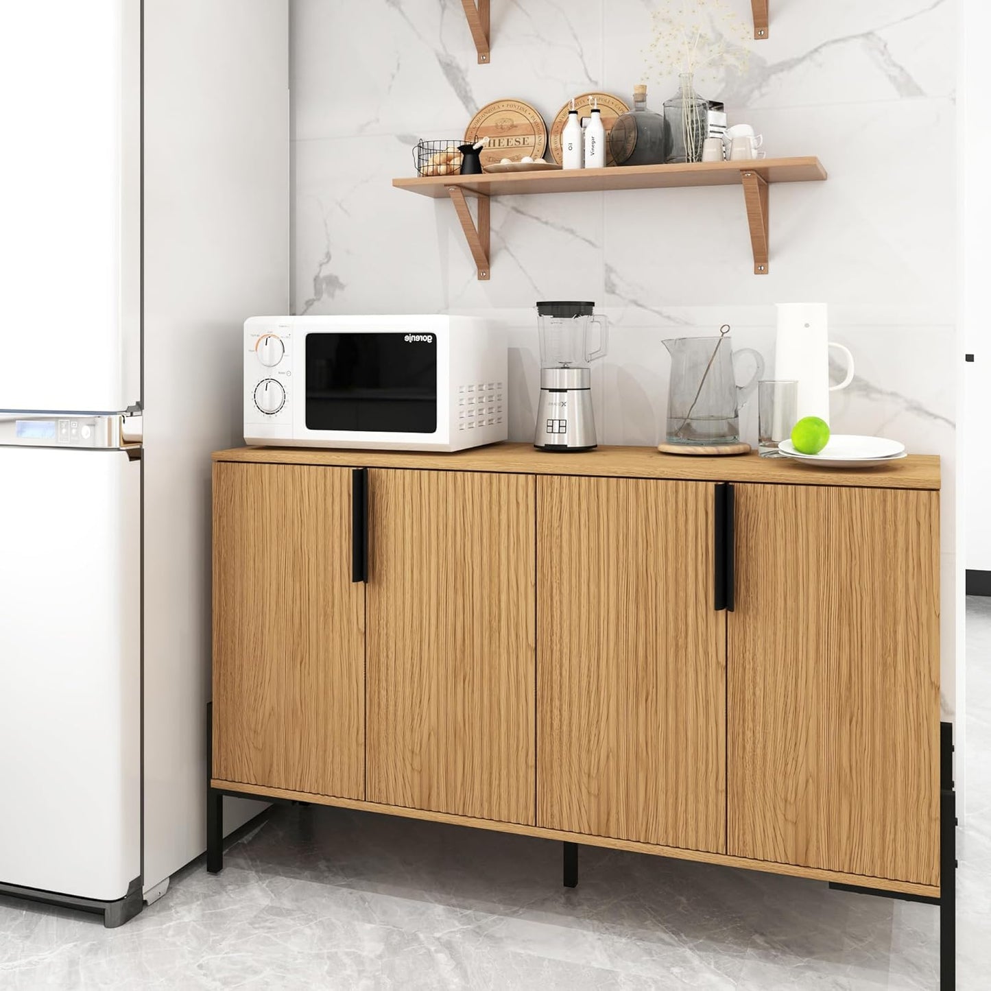 4 Doors Sideboard Buffet Cabinet with Adjustable Shelves, Modern Accent Sideboard with Golden Legs, Wide Storage Cabinet for Kitchen, LivingRoom,Natural