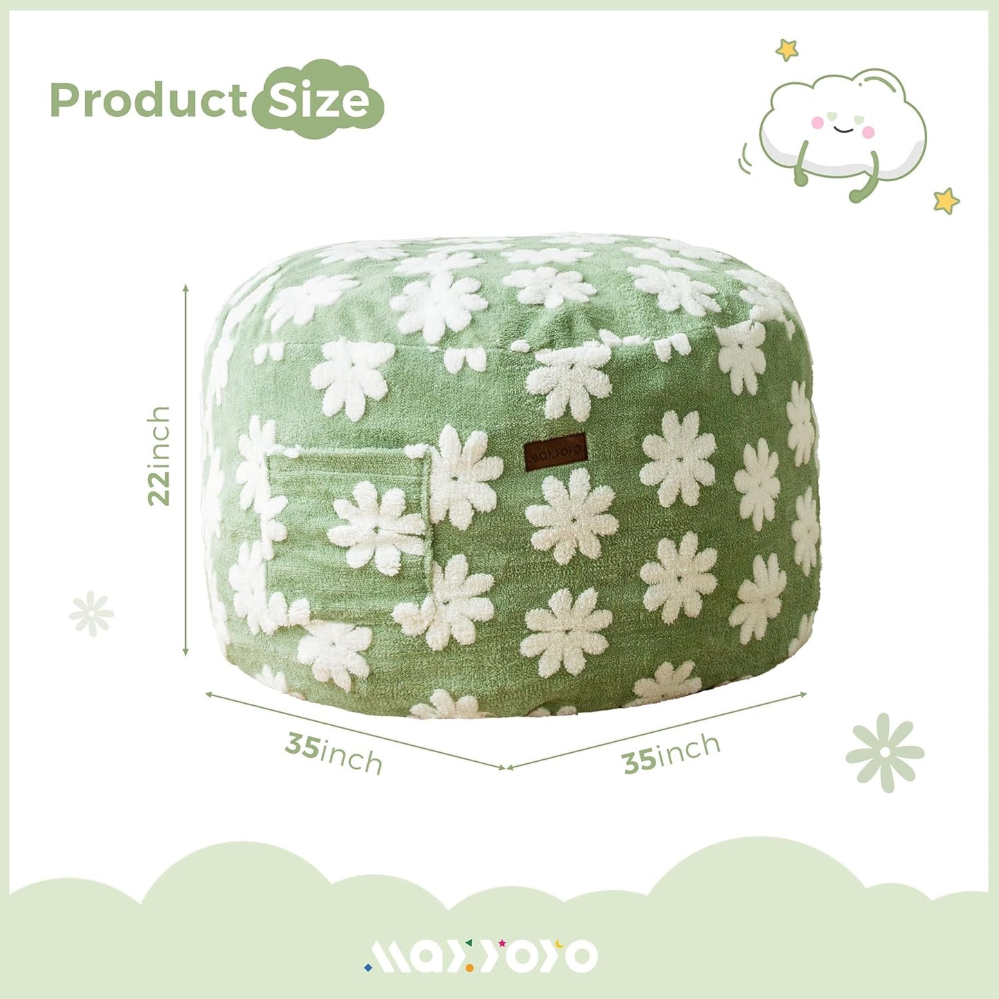 MAXYOYO Bean Bag Chair for Kids, Floral Pattern Lazy Chair with High-Density Foam Filling, Stuffed Floor Sofa Couch for Boys and Girls, Child Floor Sofa for Gaming, Reading, Green
