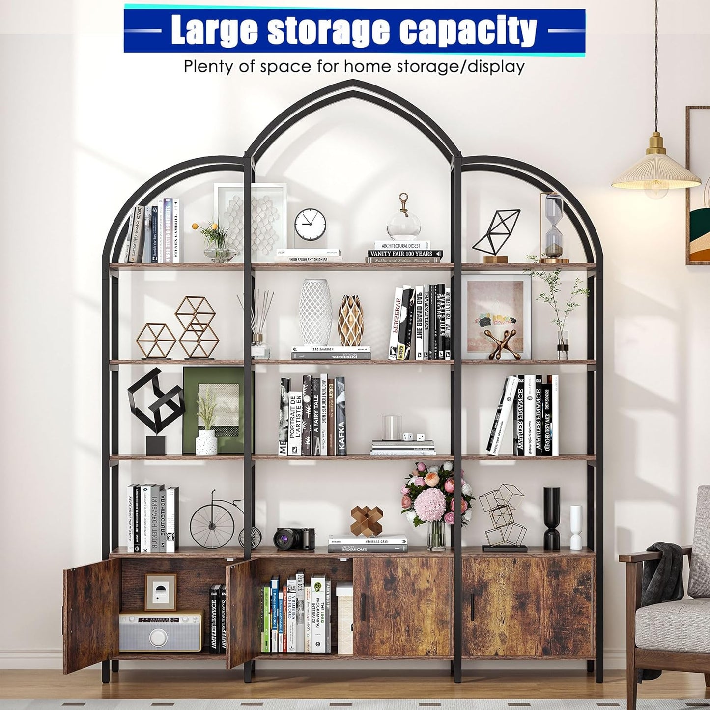 Triple Wide 5 Tier Tall Arched Bookshelf and Bookcase with 3 Cabinets, Industrial Metal Etagere Open Bookshelf, Rustic Wood Standing Book Shelf with Black Metal Frame for Bedroom Living Room