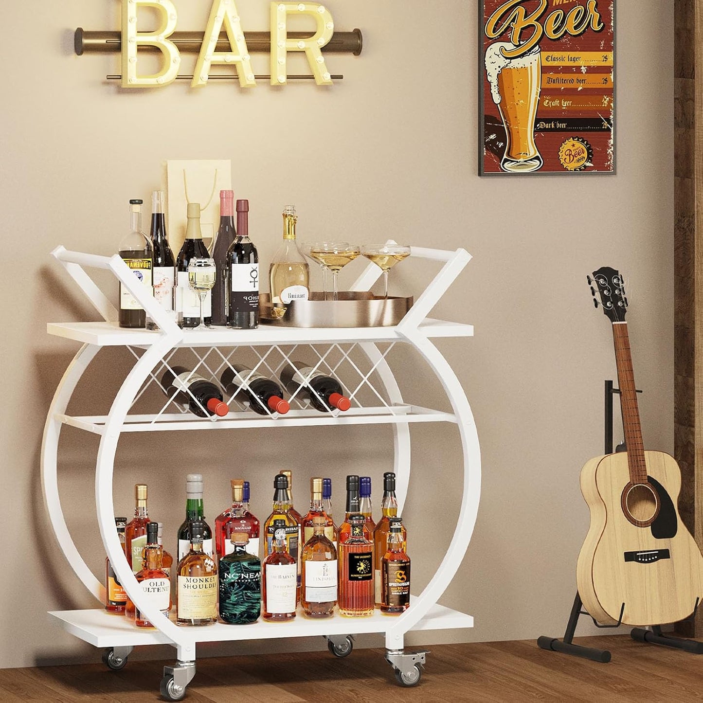 LVB White Bar Cart, Modern Rolling Serving Wine Cart with Storage, Industrial Wood Metal Kicthen Island Beverage Cart with Wheels, Microwave Drink Liquor Cart Table for Home Dining Living, White Oak