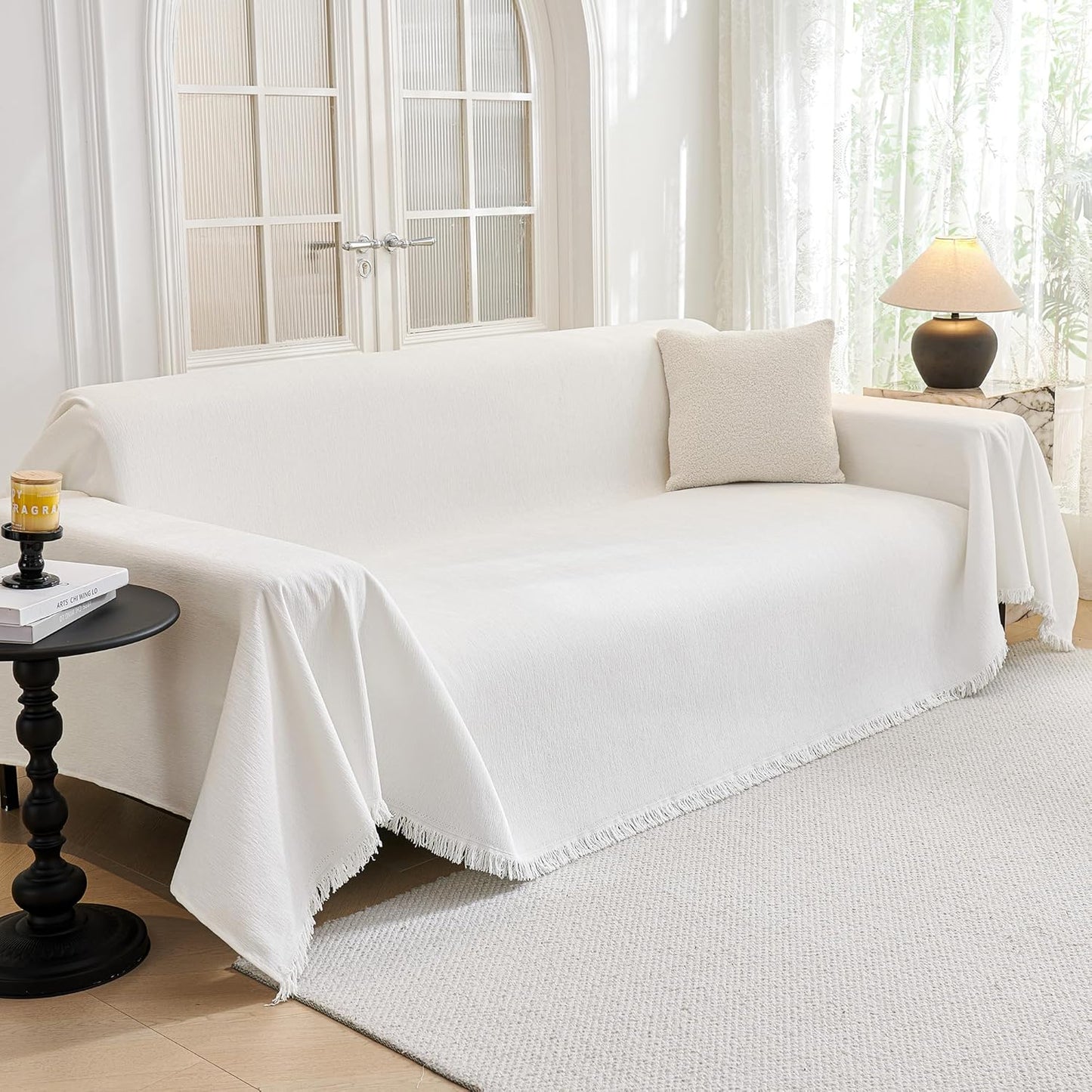 MYSKY HOME Couch Covers for Pets Thick Chenille White Cream Sofa Slipcover with Tassel Non Slip Soft Couch Sofa Cover, Washable Furniture Protector Sofa Slipcover with Tassel for Kids, Dogs, 91"x118"