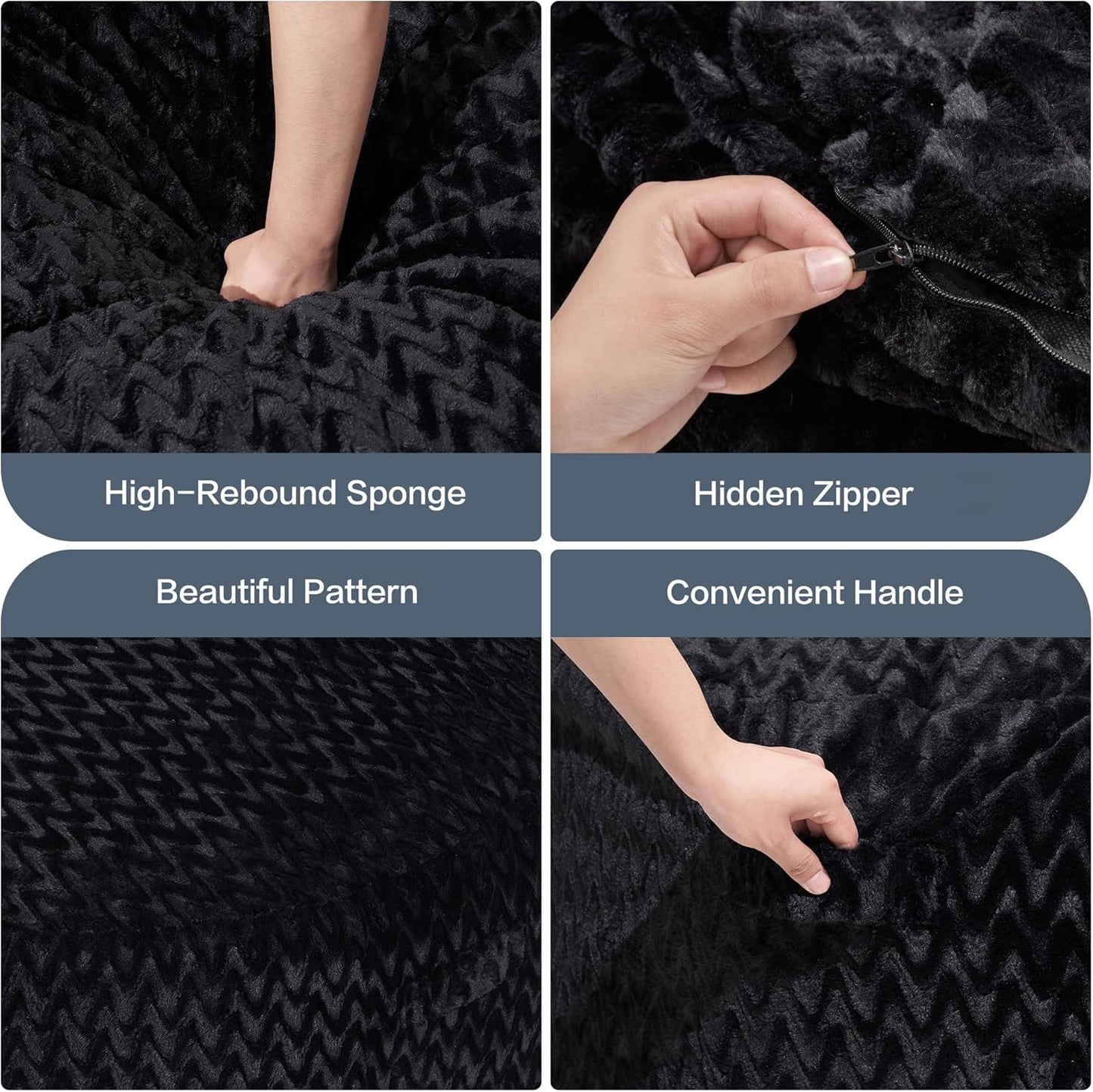 Hobestluk 3ft Bean Bag Chairs for Adults Large Beanbag Chair with Chevron Plush Fur Cover Big Bean Bag Chair for Living Room Bedroom Dorm Office - Black (36” x 36” x 22”)