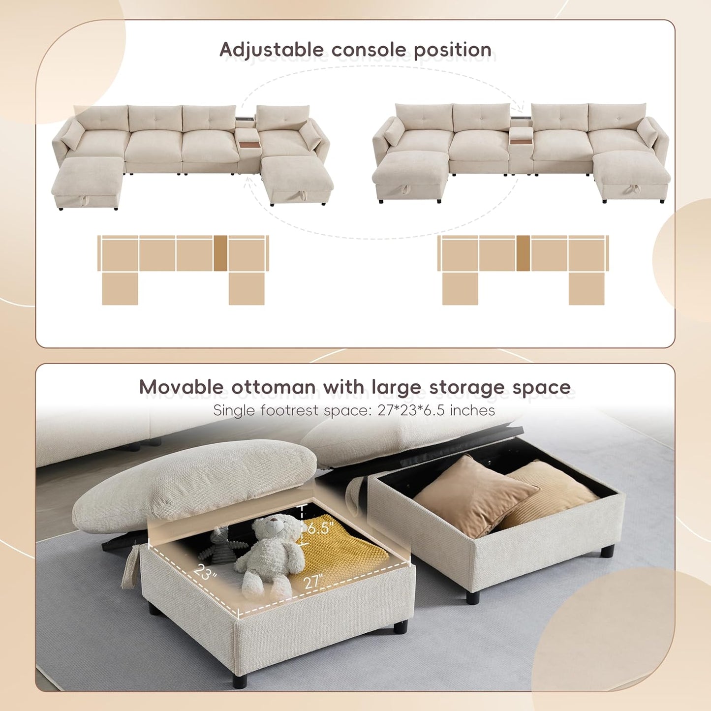 Merax 142'' Modular Sectional Sofa Set with Movable Storage Ottoman and Console, Cup Holder, Wide Seat, 6 Seat U Shaped Couch, Oversized Chenille Sofa with USB Charger for Living Room, Beige