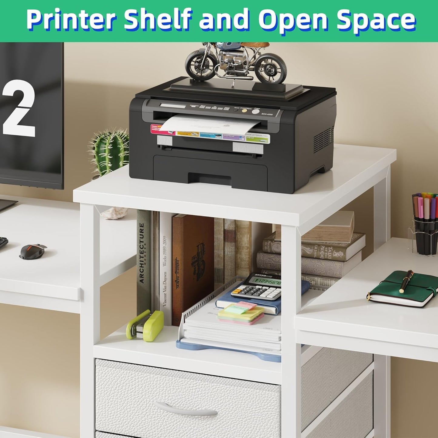 93'' Two Person Desk with Charging Station, Long Desk with 3 Drawers and Printer Shelf, Double Computer Desk, Fabric Drawers, 2 Person Writing Study Table Workstation for Home Office, White