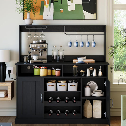 47" Farmhouse Buffet Sideboard Cabinet with Power Outlets Coffee Bar Cabinet with Storage, Large Buffet Storage Cabinet Table with Wine Racks, Goblet Holder, Hooks for Kitchen, Dining Room, Black