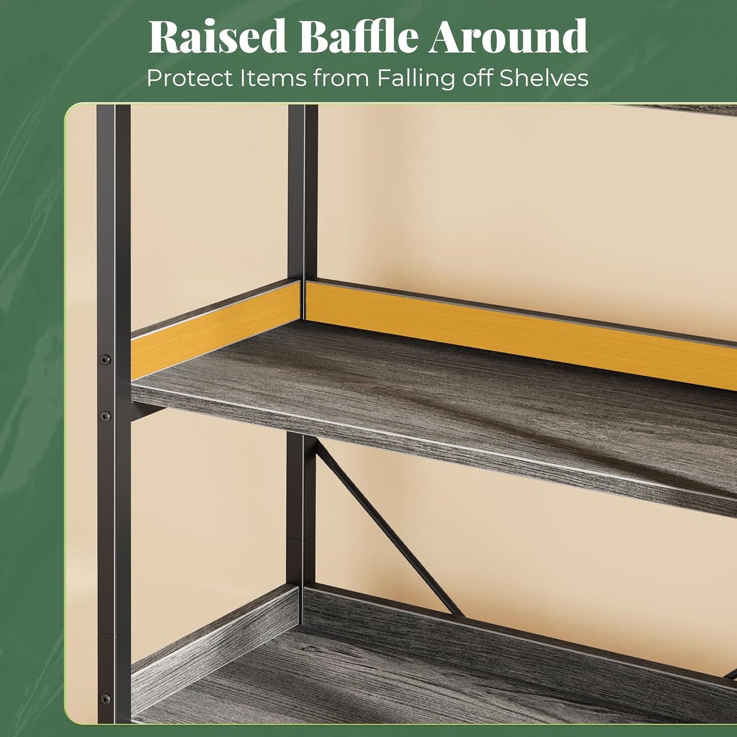 Huuger 5 Tier Bookshelf, Display Bookshelf with 10 Open Shelves and Raised Baffle, 47.2 Inch Straight Wide Bookcase with Metal Frame and Wooden Board, Adjustable Feet, Grey