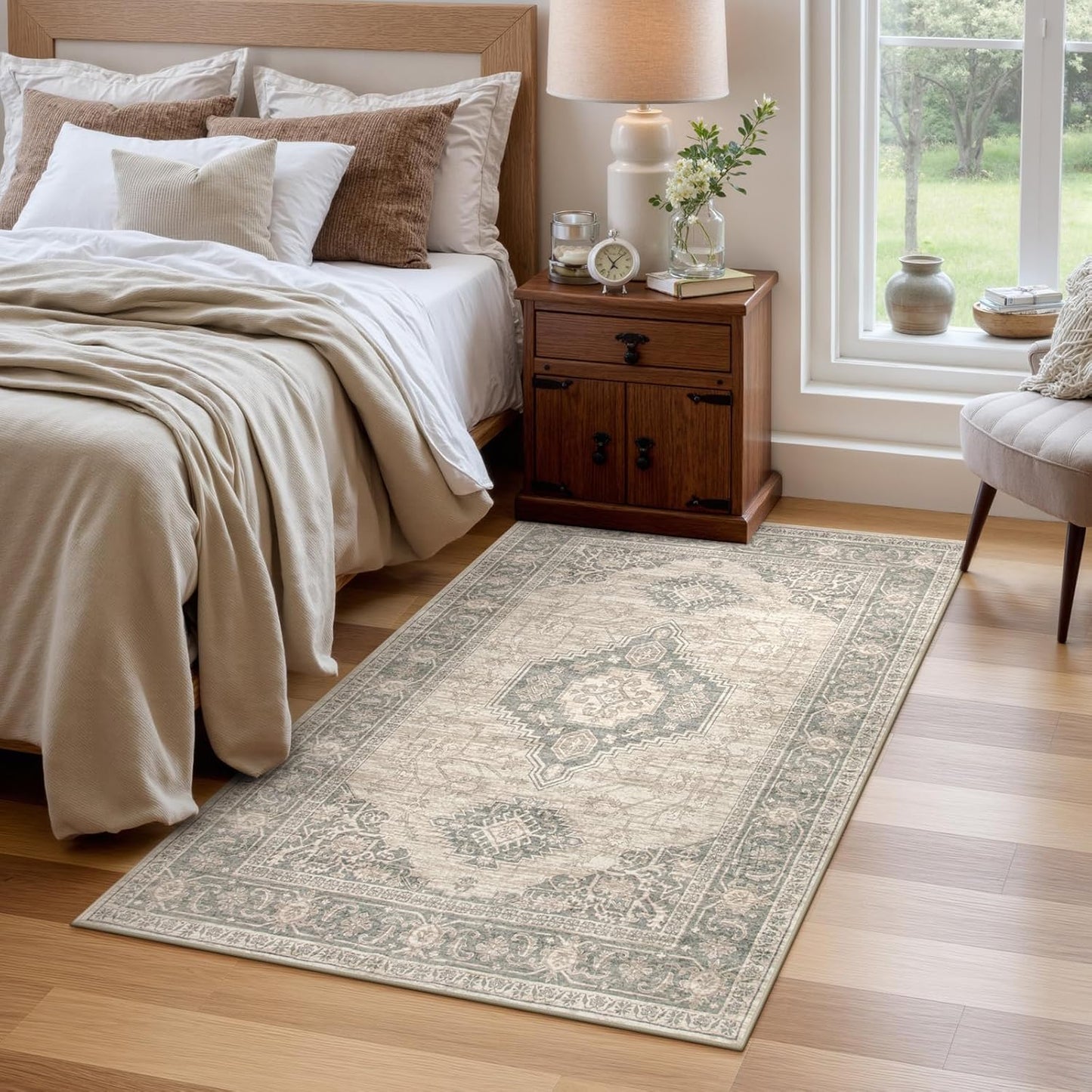 Lahome Oriental Washable Area Rug, 3x5 Soft Rugs for Bedroom Living Room, Ultra-Thin Vintage Non-Slip Throw Carpet for Kitchen Office Entryway, Grey/Brown