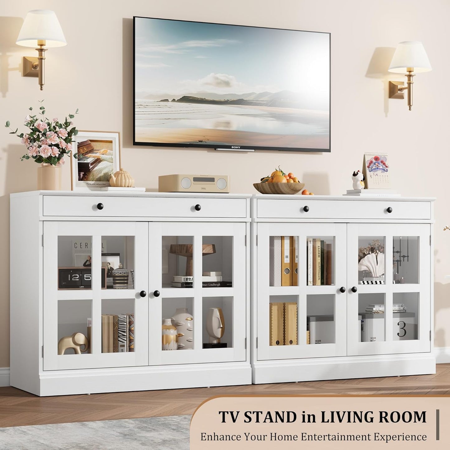 GarveeHome 35.4" Sideboard Buffet Cabinets with Glass Door, Buffet Cabinet with Storage, White Sideboard Cabinet with Drawer, Modern Buffets & Sideboards for Dining Room, Kitchen