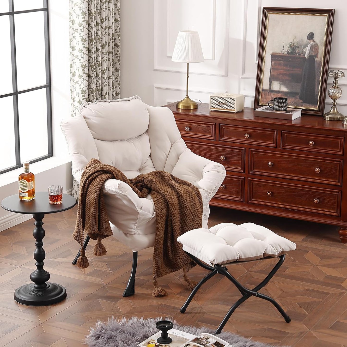 Lazy Chair with Ottoman, Modern Chair with Folding Footrest, Lounge Accent Chair, Comfortable Reading Chair, Oversized Armchairs for Bedroom, Study, Living Room, Courtyard (Beige