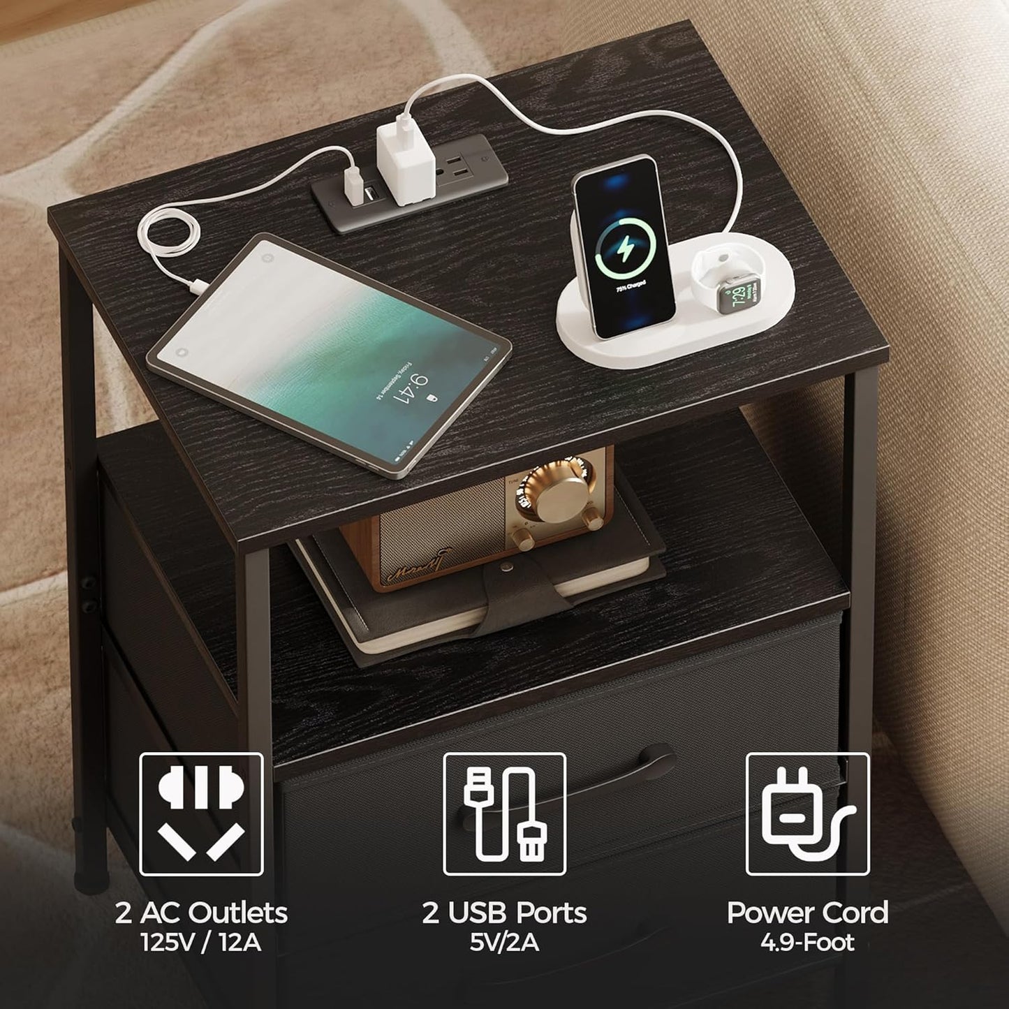 Nightstands Set of 2, Night Stand with Charging Station and Led Lights, Bedside Table with 2 Fabric Drawers for Bedroom, Small Side End Table with Open Shelf, Black