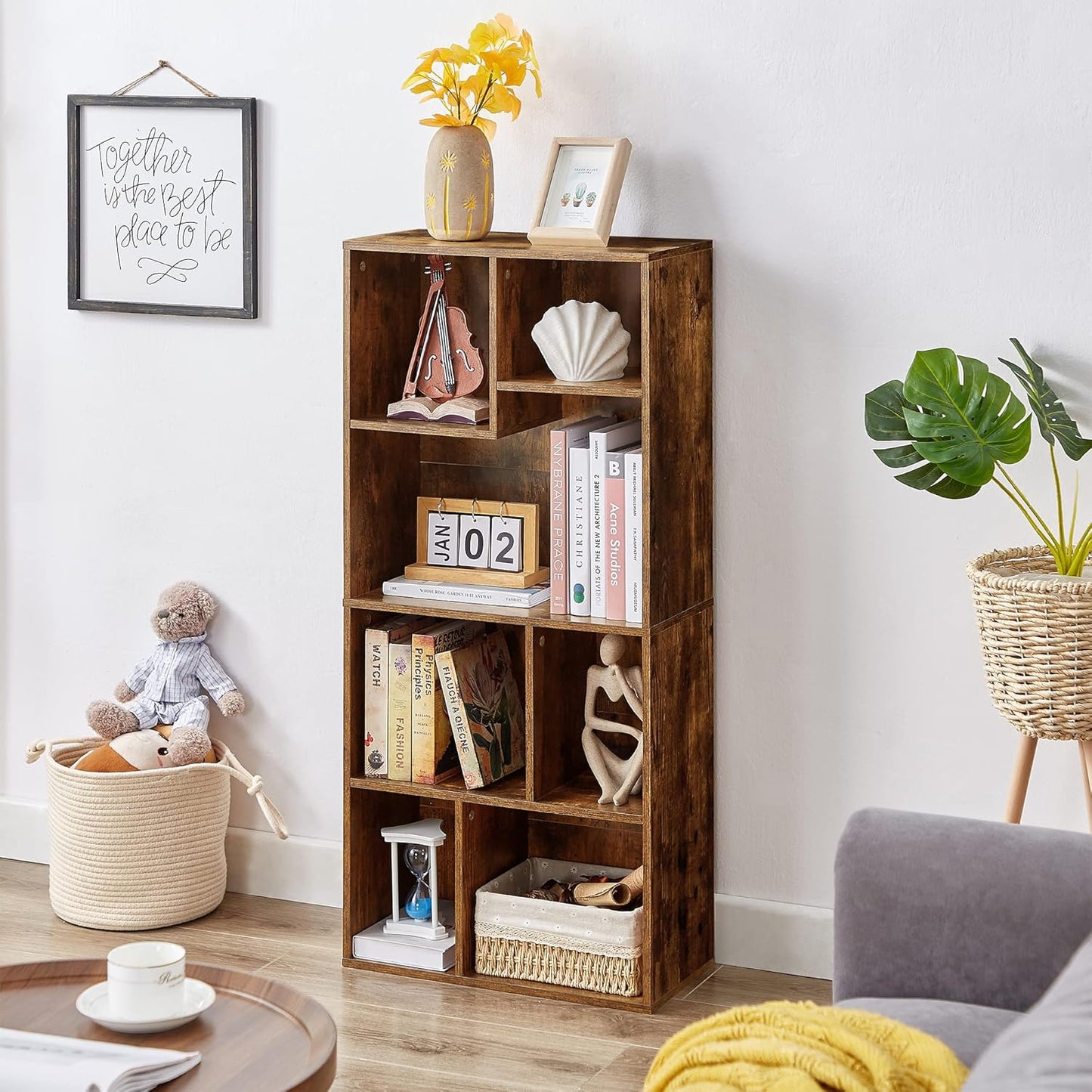 VECELO 4-Tier Modern Bookcase, 42 Inch High Storage Cabinet with Height Difference Shelves for Standard Textbooks, Floor Standing Display, 7 Cubes, Horizontal Avaiable, Easy Assembly, Rustic Brown