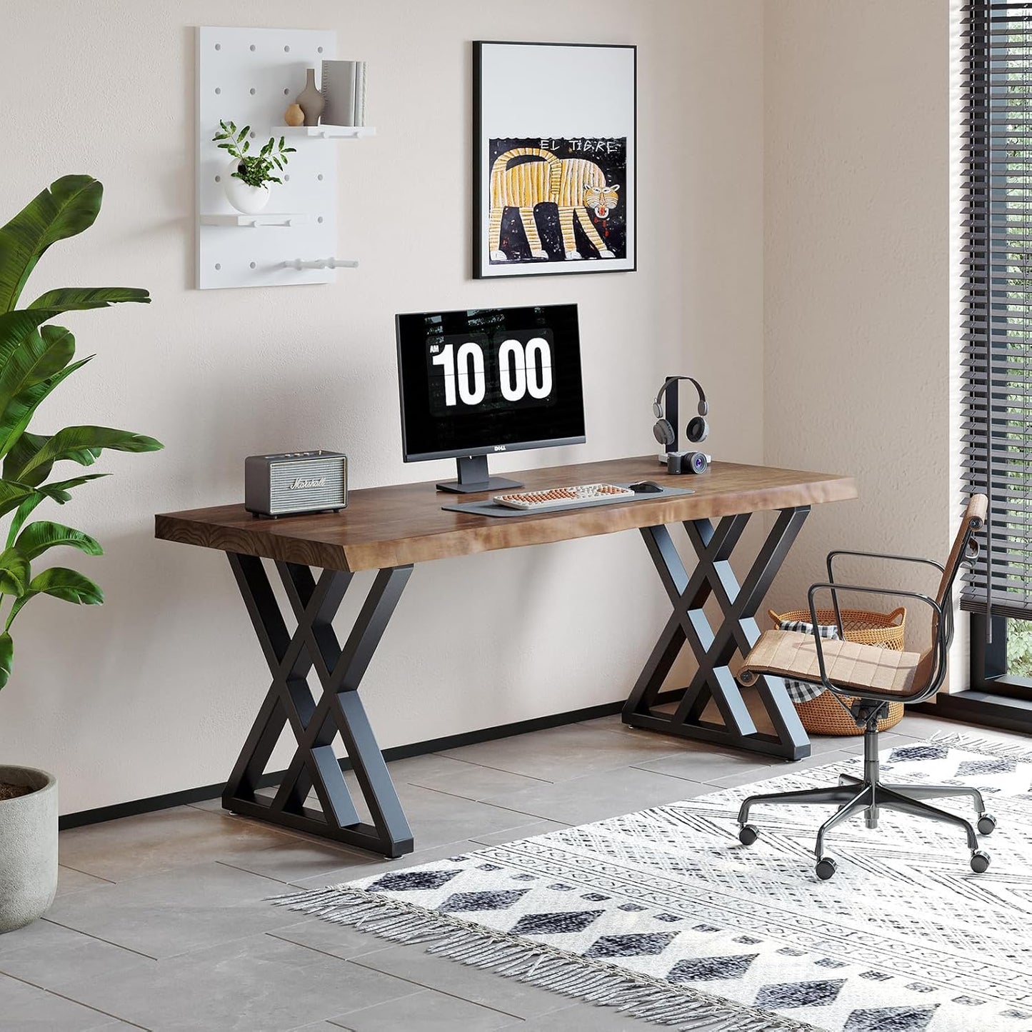 Solid Wood Computer Desk Study Office Desk 55" Writing Desk, Modern Simple Style PC Table, Black Metal Frame, Solid Wood Planks 55" D x 27" W x 29" H for Home Office Bedroom,Rustic Brown
