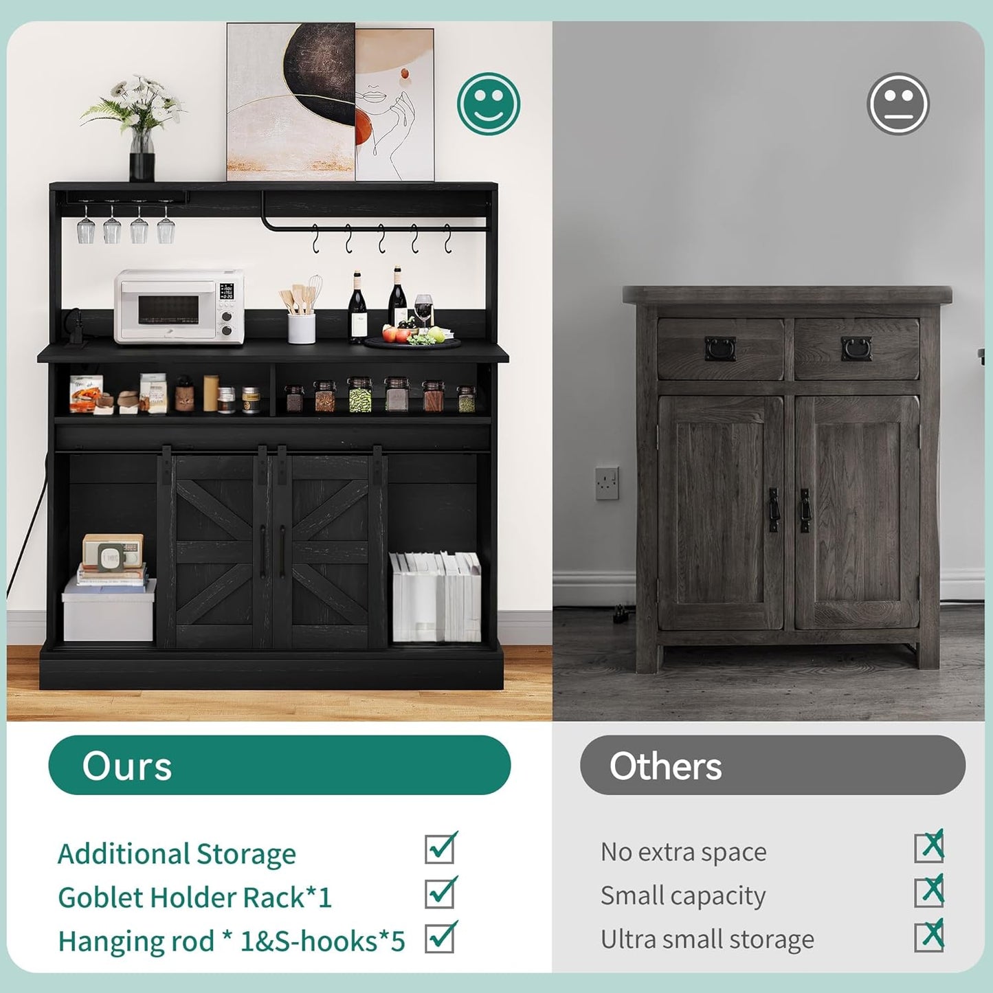 YITAHOME Buffet Cabinets with Upper Rack, Farmhouse Coffee Bar Cabinet with Power Outlet & Goblet Holder, 47 Inch Sideboard Cabinets with Sliding Barn Door for Kitchen, Living Room (Black Oak)