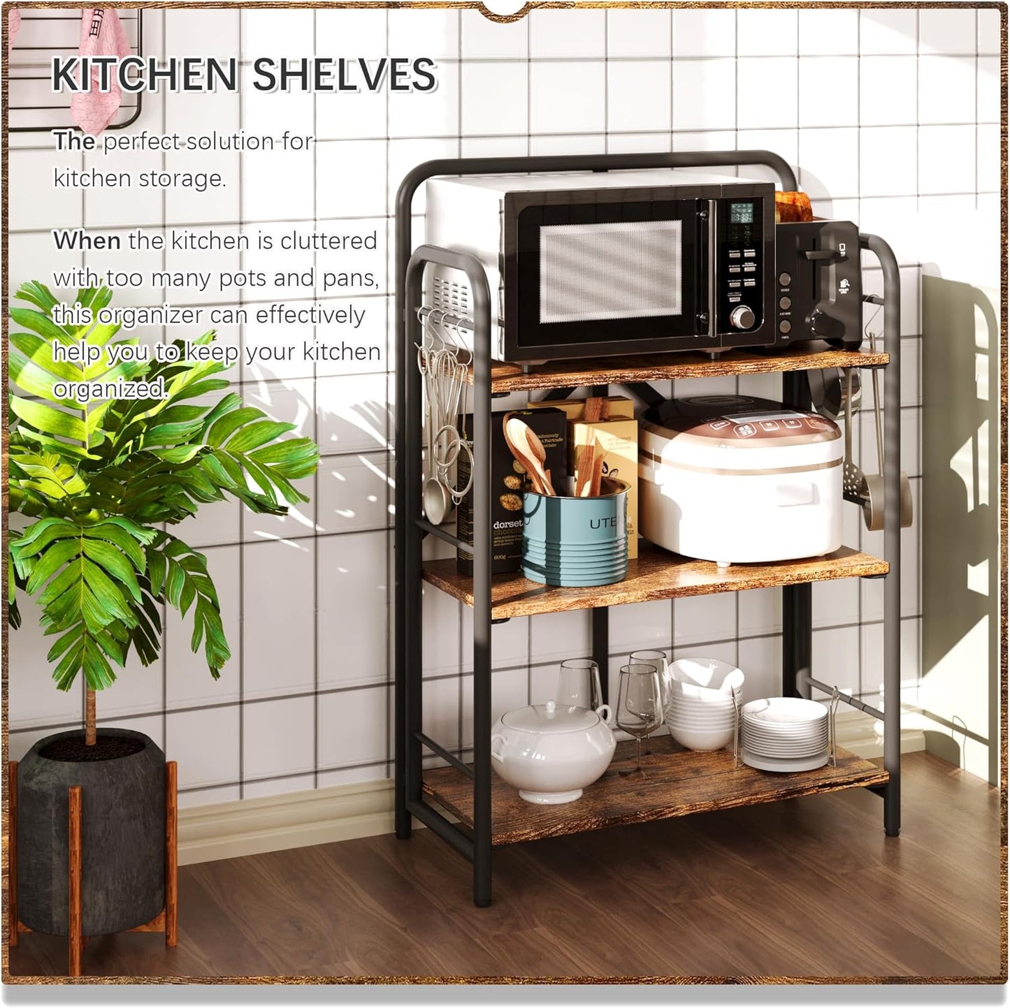 4NM No Assembly Folding Bookshelf 3 Tiers Vintage Industrial Black Book Shelf Metal Foldable Storage Bookcase and Bookshelves for Living Room,Bedroom and Kitchen - Rustic Brown