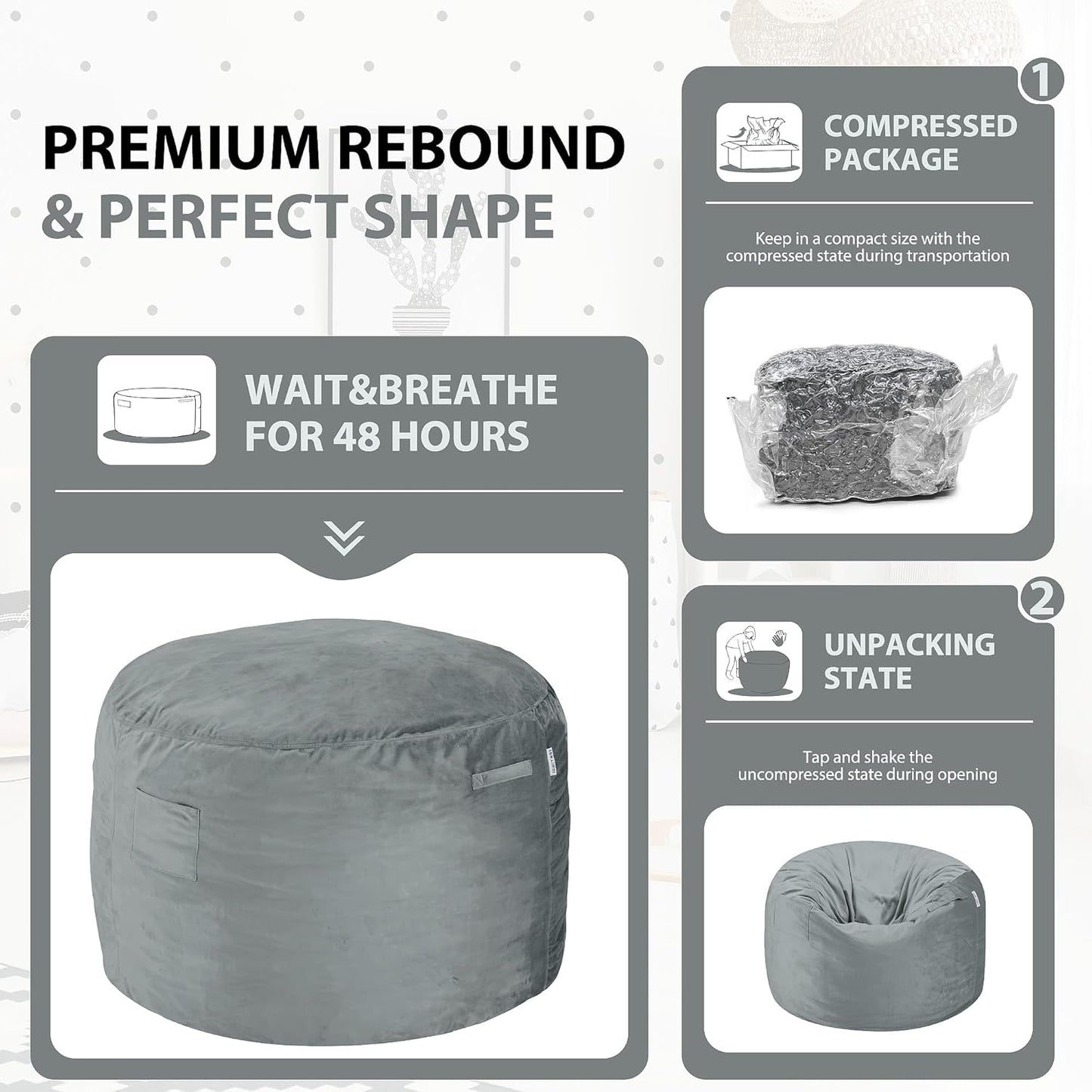 HABUTWAY Bean Bag Chair 3Ft Luxurious Velvet Ultra Soft Fur with High Rebound Memory Foam Bean Bag Chairs for Adults Plush Lazy Sofa with Fluffy Sponge 3' (Light Grey)