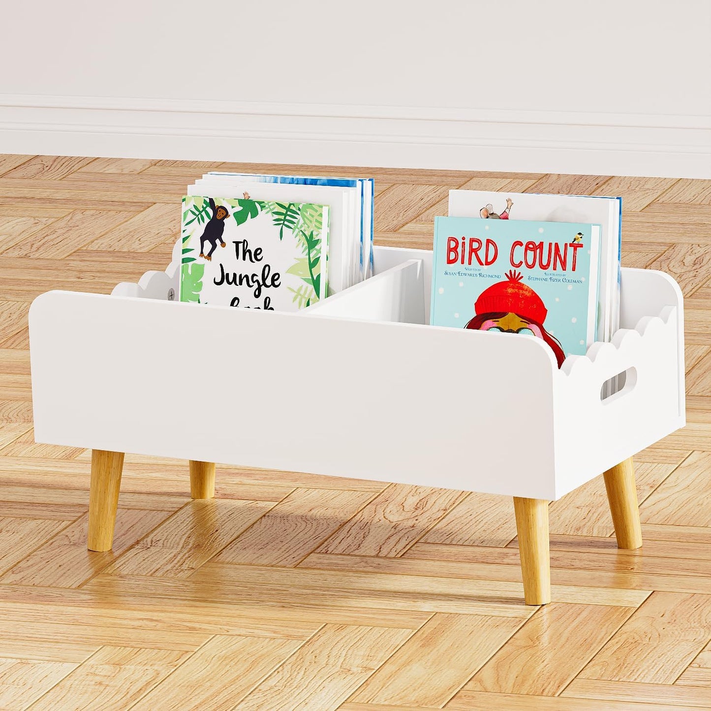 GRANTLEY Montessori Kids Bookshelf for Toddler - Wooden Book Shelf for Kids Rooms, Little Low Book Basket with Dividers, Floor Book Caddy, Minimalist Mobile Bookcase for Classroom Nursery