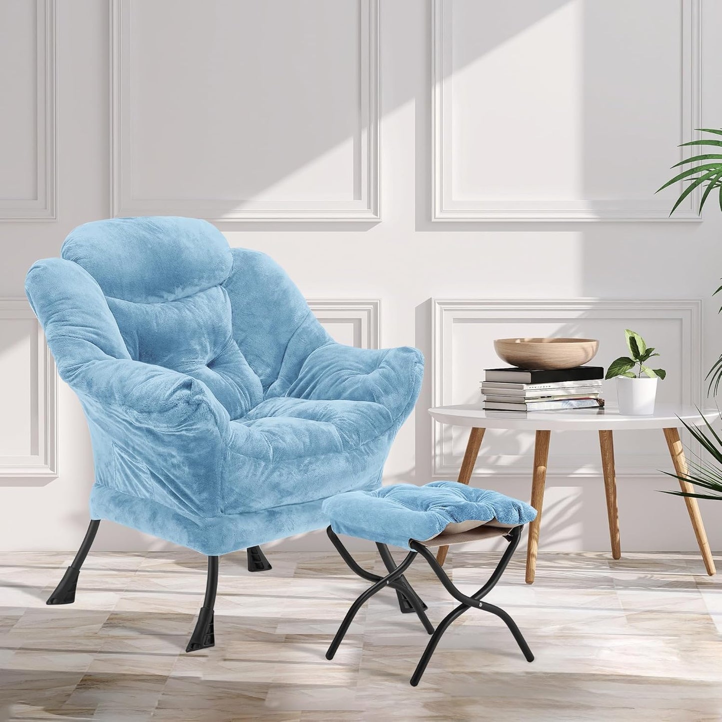 Fabric Lazy Chair with Ottoman, Oversized Upholstered Sofa Chair for Adults, Plush Comfy Lounge Chair with Large Side Storage Pocket, Reading Chair for Living Room, Bedroom, Study Room, Blue