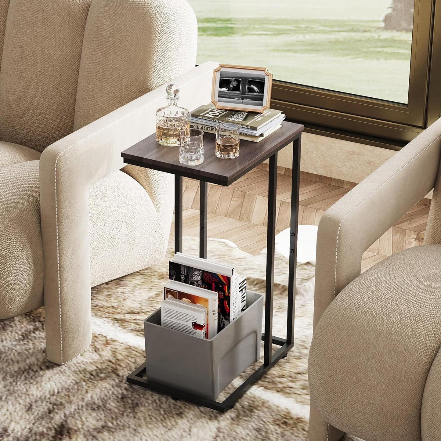 WLIVE Small Side Table, C Shaped End Table for Couch, Sofa and Bed, Tv Tray Table That Slides Under for Living Room, Bedroom, Bedside, Gray and Black