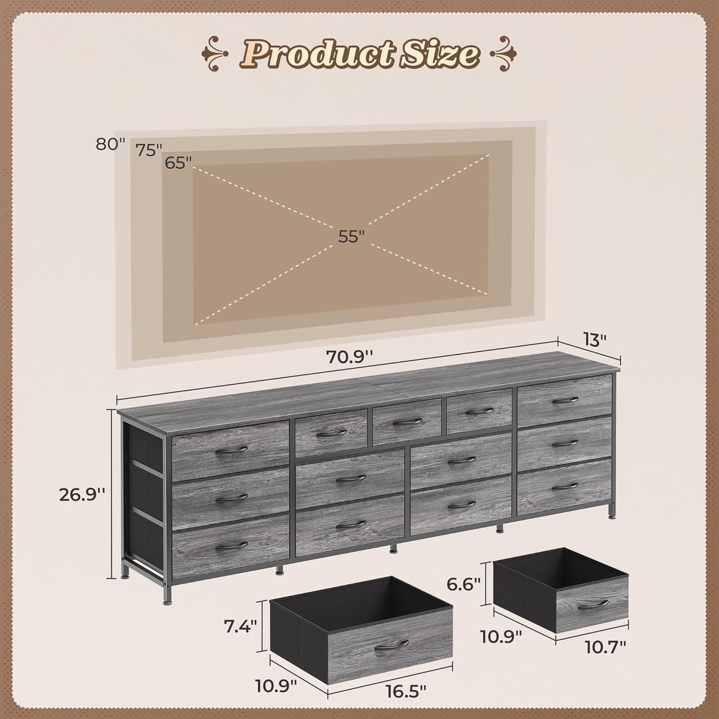 Huuger 70 Inch Dresser for Bedroom, TV Stand for 65, 75, 80 Inch TV, 13 Fabric Drawer Long Dresser, Large Entertainment Center for Bedroom, Wide Chest of Drawer with Storage, Grey