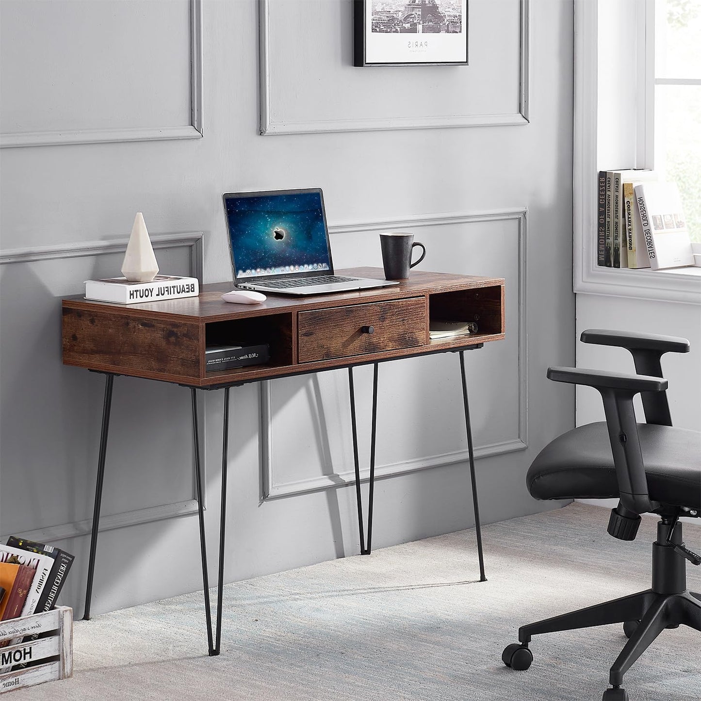 VECELO 39.3" Home Office Work Table with Drawers,Computer Desk with Hairpin Legs for Writing/Study,Rustic Brown