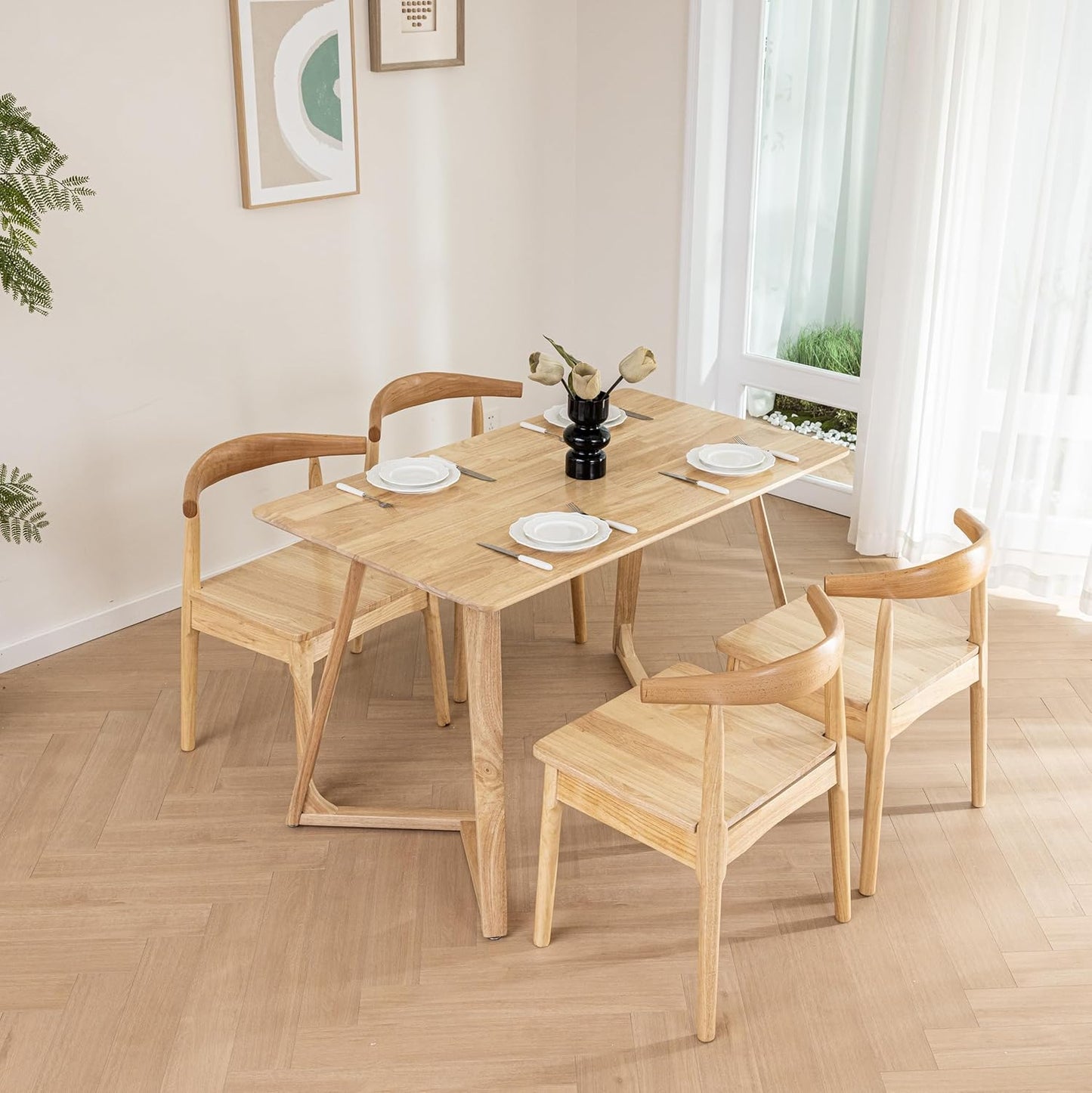 DELAVIN 4pcs Solid Wood Dining Chairs, Kitchen Chairs with Solid Oak Wood Legs, Farmhouse Style High Ladder Back Dining Room Chairs, Burlywood