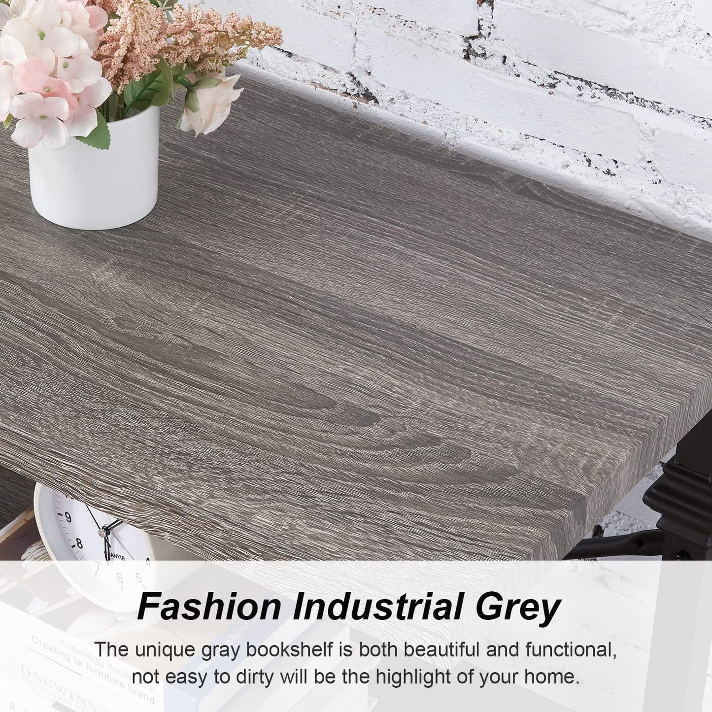 HOMBAZAAR 4 Tier Bookshelf,Grey Industrial Book Shelf,Engineered Wood and Metal Deep Bookcases,Low Shelf Bookcase for Living Room,Office,Bedroom and Kitchen