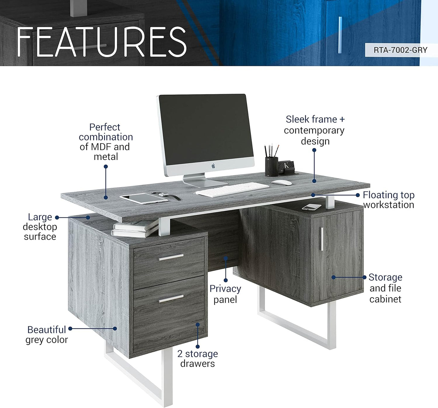 Techni Mobili Modern Office Desk with Storage, Gray
