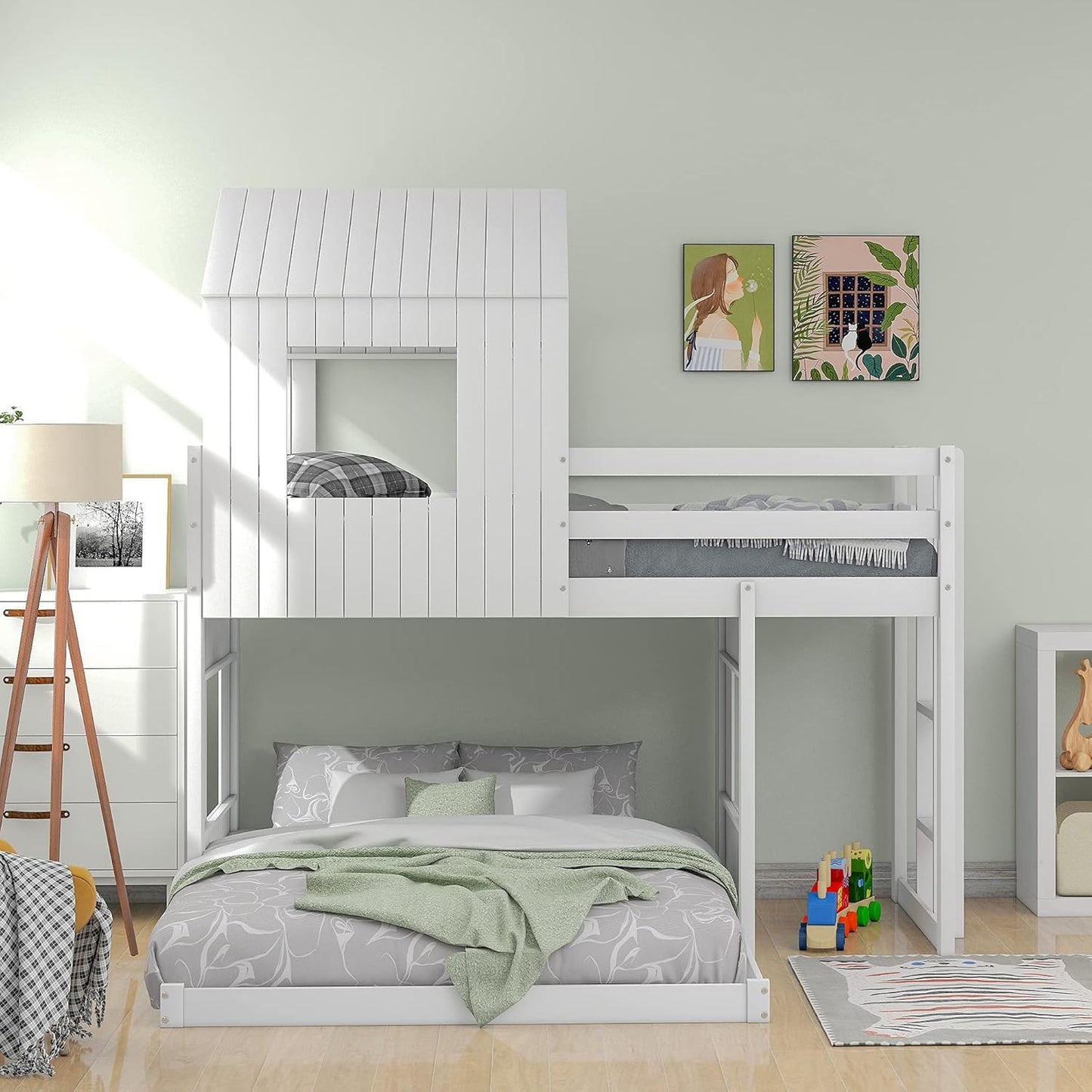 Ball & Cast Twin Over Full Playhouse Bunk Bed with Ladder and Window,Farmhouse Wood Bunkbed w/Full-Length Guard Rail & Slat Support,Space Saving,Bedroom Furniture for Student Dorms,White