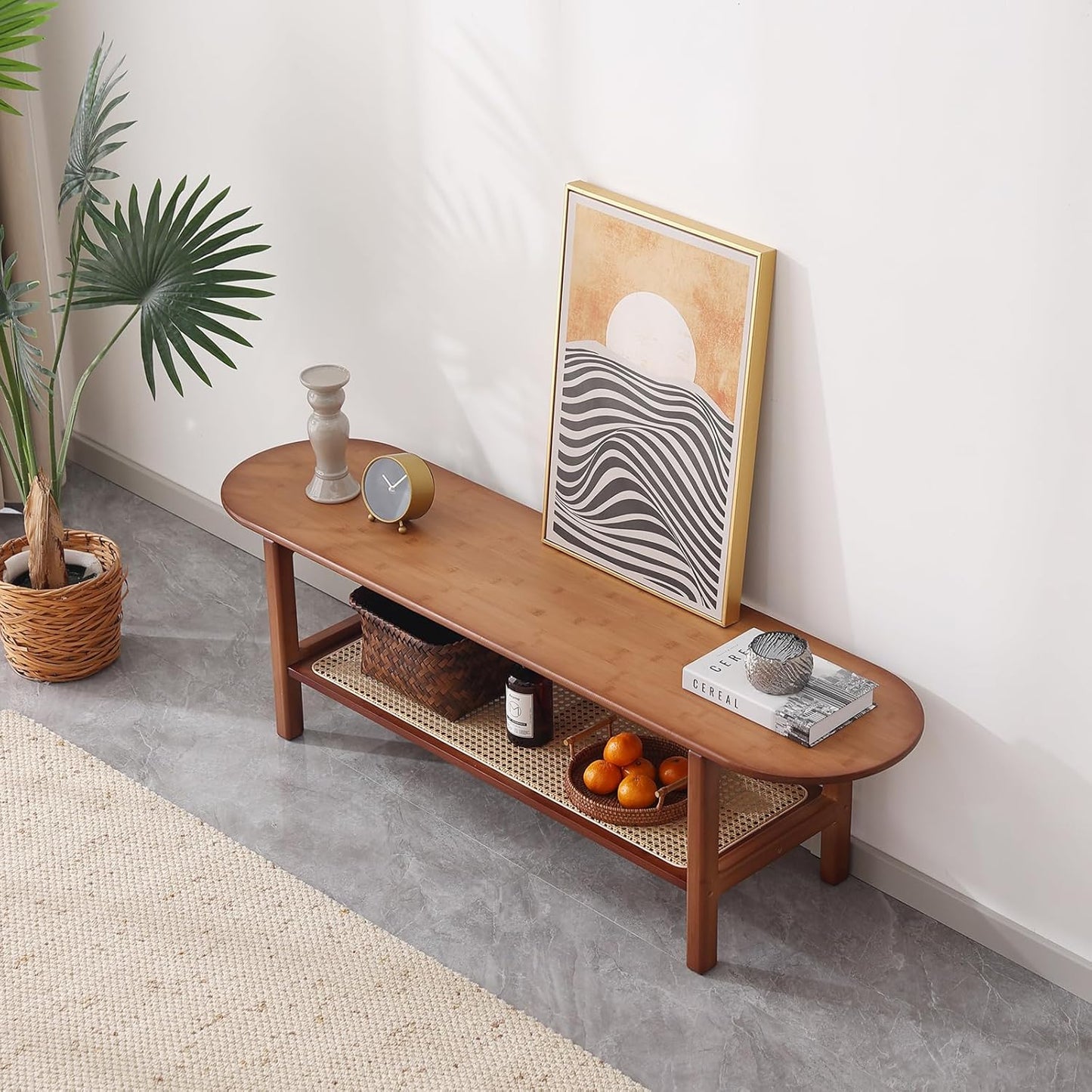 Tiita Bamboo TV Stand with Storage for TV up to 65 inch, Bamboo Rattan TV Console Entertainment Center with 2 Open Shelf, Mid Century Modern Media Console for Living Room, Bedroom, Walnut