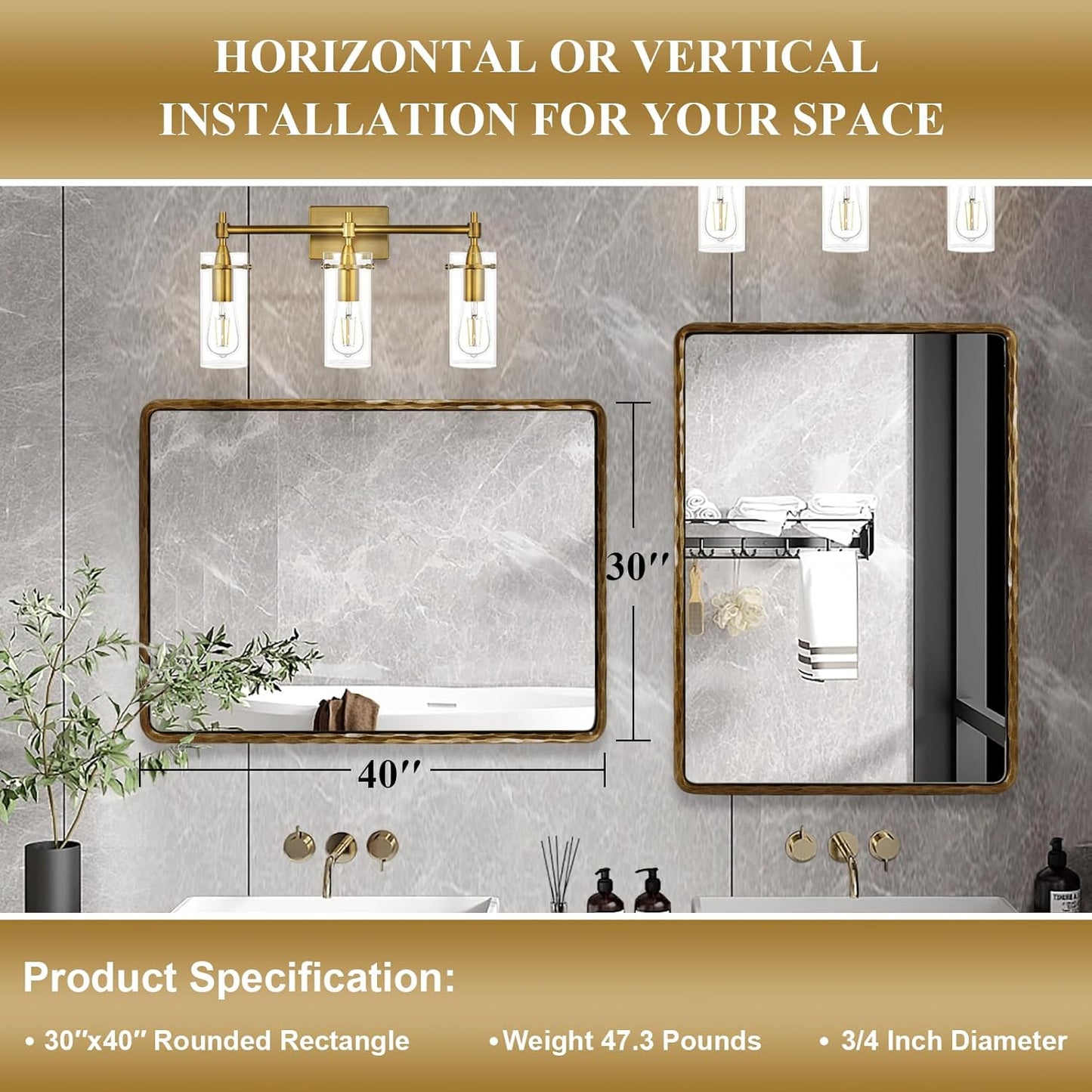 ANDY STAR Hand-Forged Gold Bathroom Mirrors for Wall, 30x40 Inch Vintage Solid Steel Metal Frame Bathroom Vanity Mirror, Antique Rounded Rectangle Wall Mirror, Hangs Horizontally or Vertically