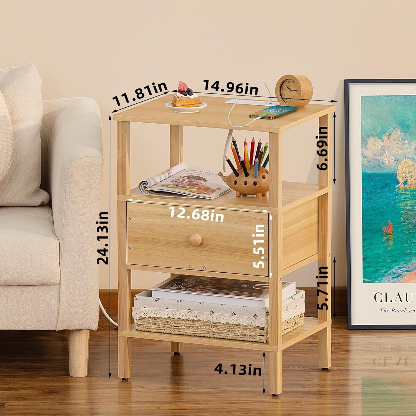 Lerliuo Nightstand with Charging Station and USB Ports, 3-Tier Storage End Table with Drawer Shelf, Night Stand for Small Spaces, Wood Bedside Table for Living Room, Bedroom - Natural Wood