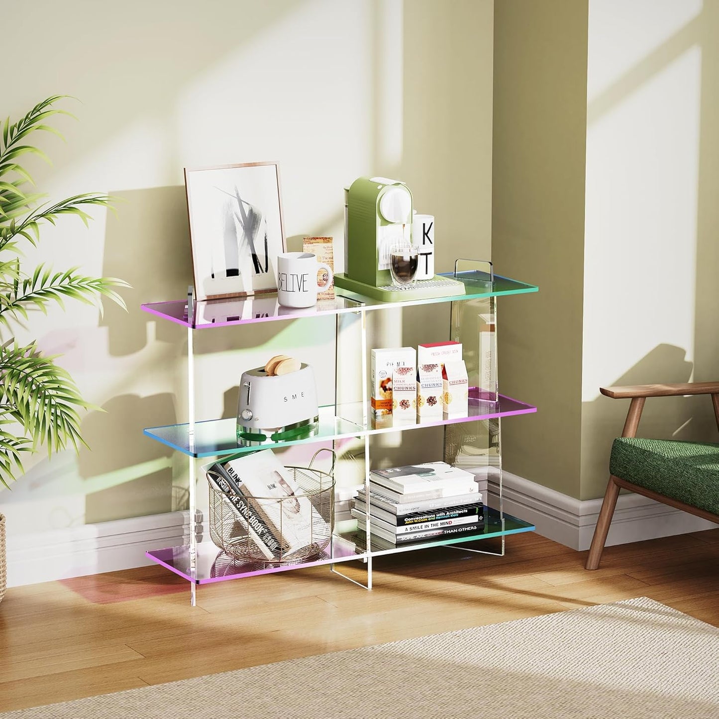 Acrylic Bookshelf, Small 3 Tier Open Bookcase for Small Spaces,Sofa Table, Hallway Entry Table for Home Living Room (Iridescent, 39.4" x 11.8" x 31.5)