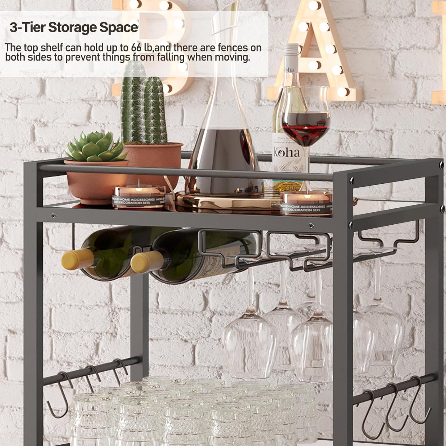 TUTOTAK Bar Cart, Home Bar Serving Cart with 3-Tier Mirrored Shelf, Drink Cart, Mobile Kitchen Shelf with Wine Rack, Rolling Beverage Cart, Black BC01BK033