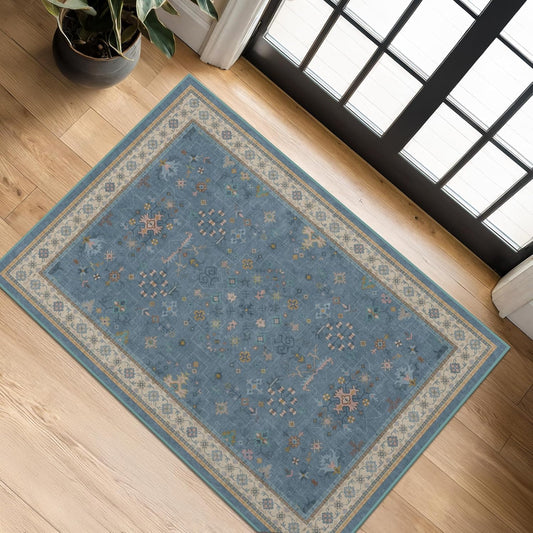 Blue 2x3 Washable Rug for Entryway Indoor, Kitchen Floor Waterproof, Bathroom, Powder Room, Non Slip Low Pile Stain & Fade Resistant, Modern Eclectic Floral Decor